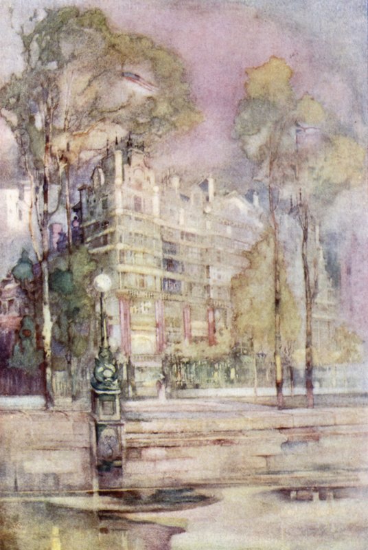 En impressionistisk udsigt over floden foran Savoy Hotel (farve litho) af English School