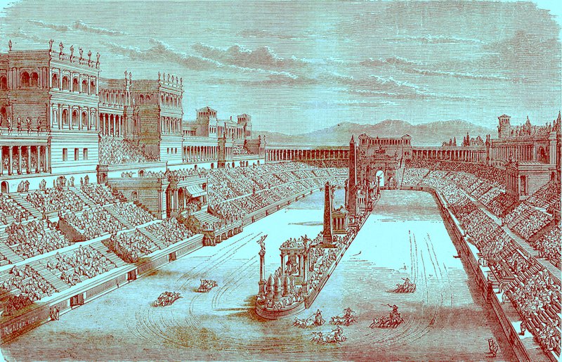 Ancient Arena Restored - Showing a Chariot Race, illustration fra The Illustrated History of the World, udgivet ca. 1880 (digitalt forbedret billede) af English School
