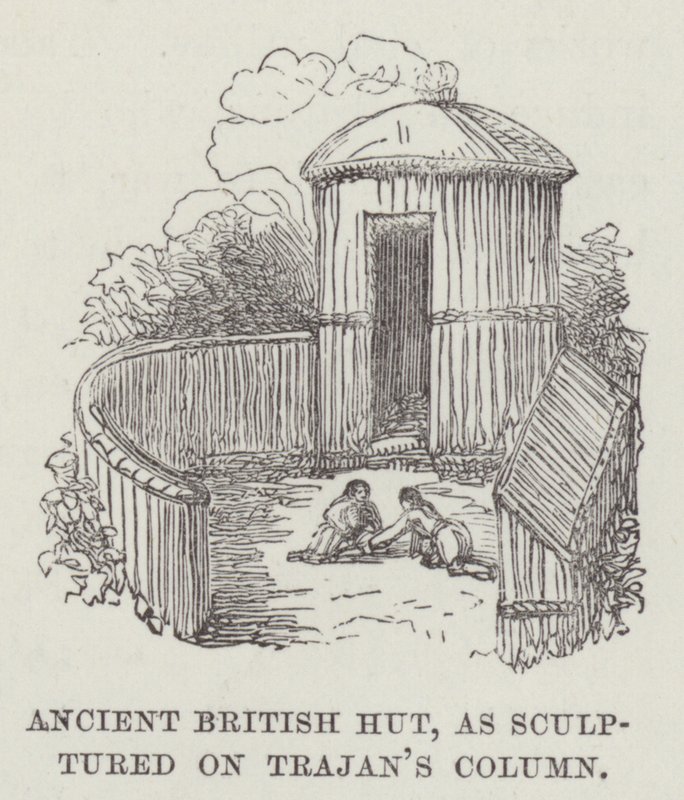 Gammel britisk hytte, som skulptureret på Trajans søjle (gravering) af English School