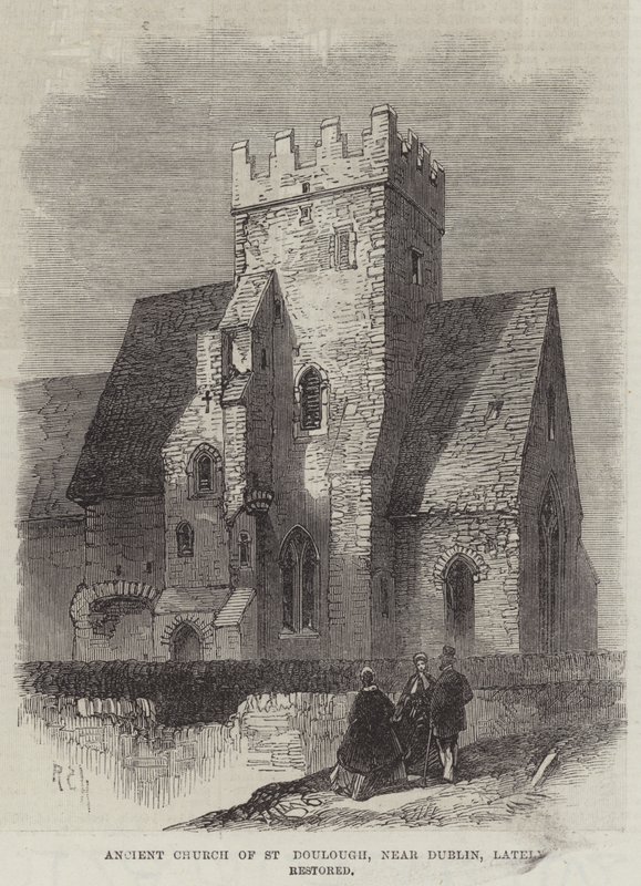 Ancient Church of St Doulough, nær Dublin, for nylig restaureret (gravering) af English School