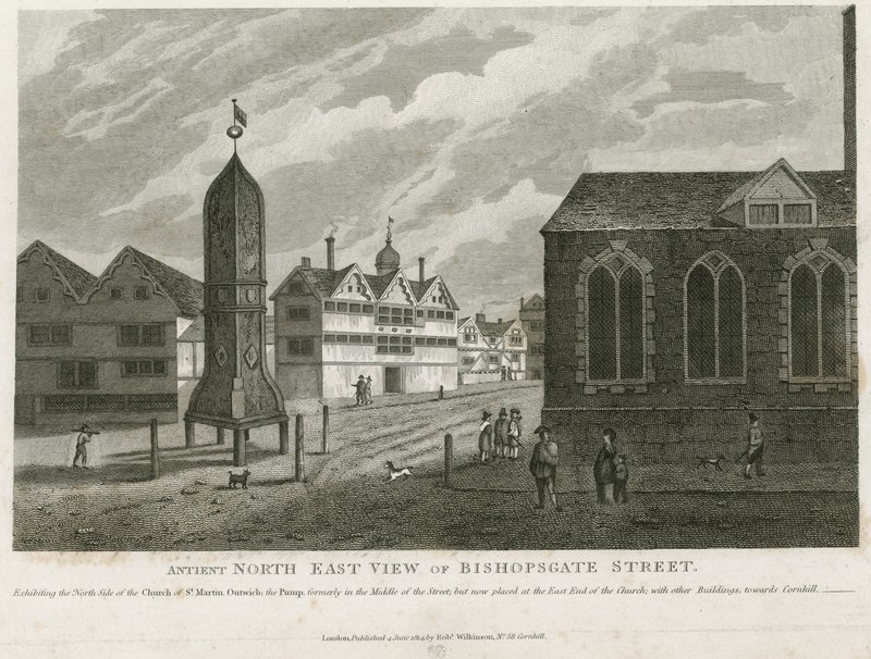 Gammelt nordøstligt udsigt over Bishopsgate Street af English School