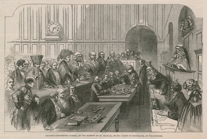 Gamle borgerlige skik, på spejlet af St Michael, i Court of Exchequer, i Westminster af English School