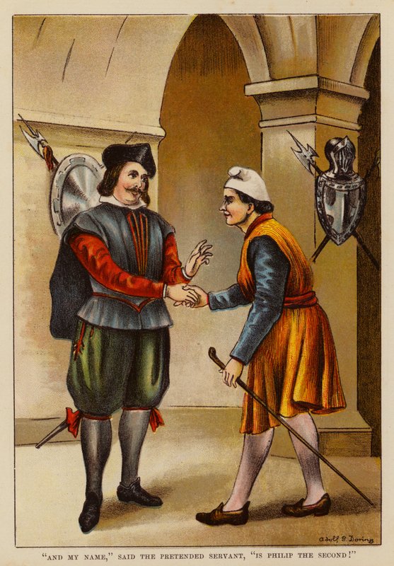 "Og mit navn," sagde den foregivne tjener, "er Filip den Anden!" (farvelitografi) af English School
