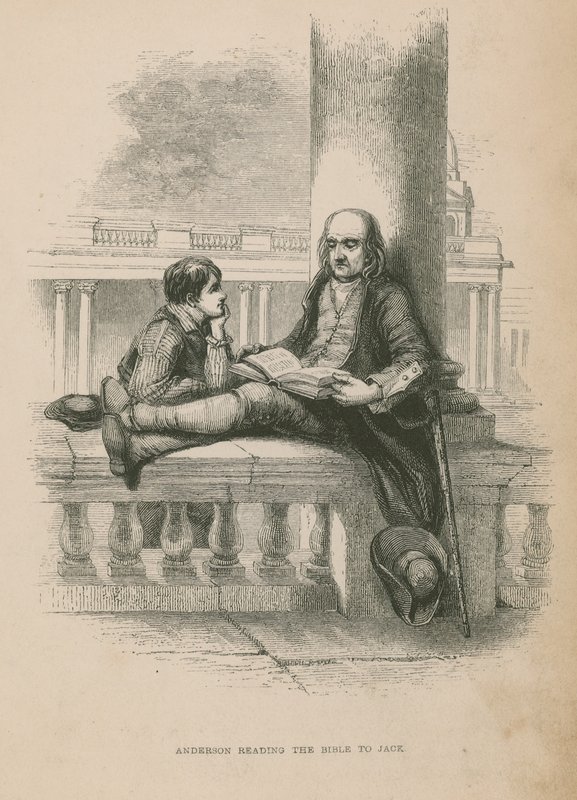 Anderson læser Bibelen for Jack; illustration fra Poor Jack af Frederick Marryat af English School