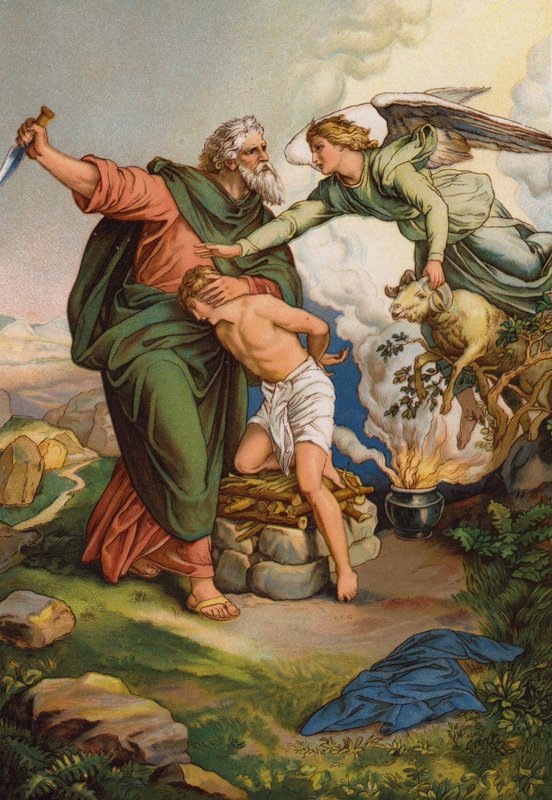 Engel greb ind for at forhindre Abraham i at ofre sin søn Isak (chromolitho) af English School