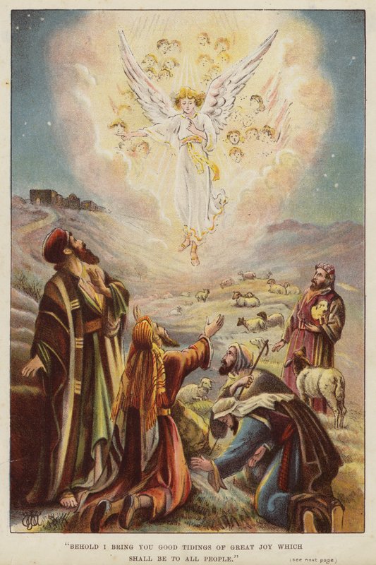 Engel fortæller hyrderne om Jesu Kristi fødsel (chromolitho) af English School
