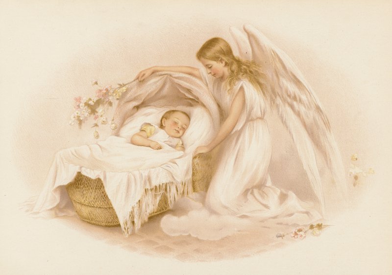 Engel, der våger over en baby (chromolitho) af English School