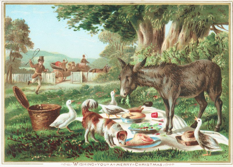 Dyr, der spiser picnic, julekort af English School