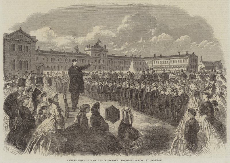 Årlig inspektion af Middlesex Industrial School i Feltham (gravering) af English School