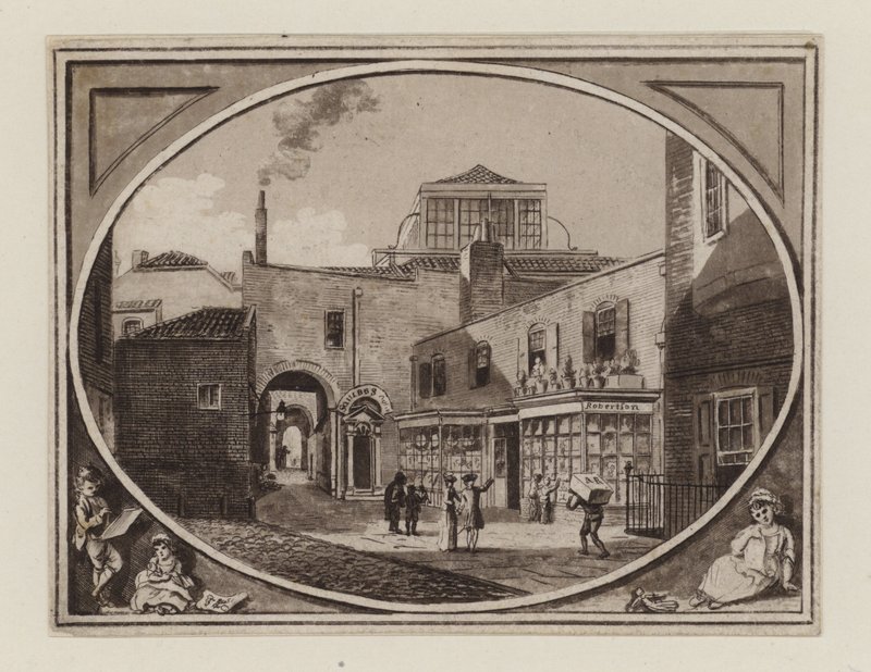 Archibald Roberton, tryksælger, fra Savill Row Passage, tilstødende Squibs Auction Room, omkring 1790 af English School