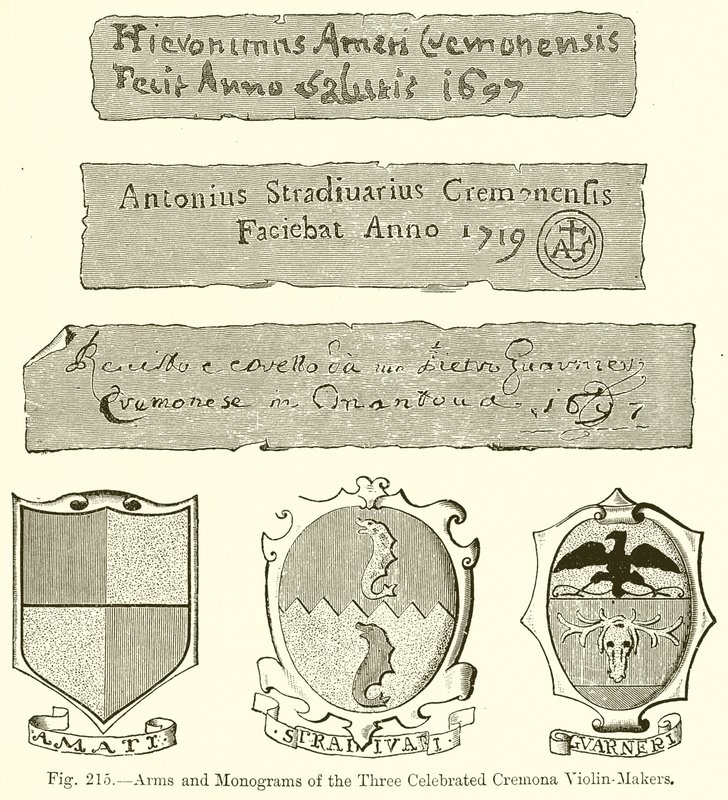 Våben og monogrammer af de tre fejrede Cremona violinmagere af English School