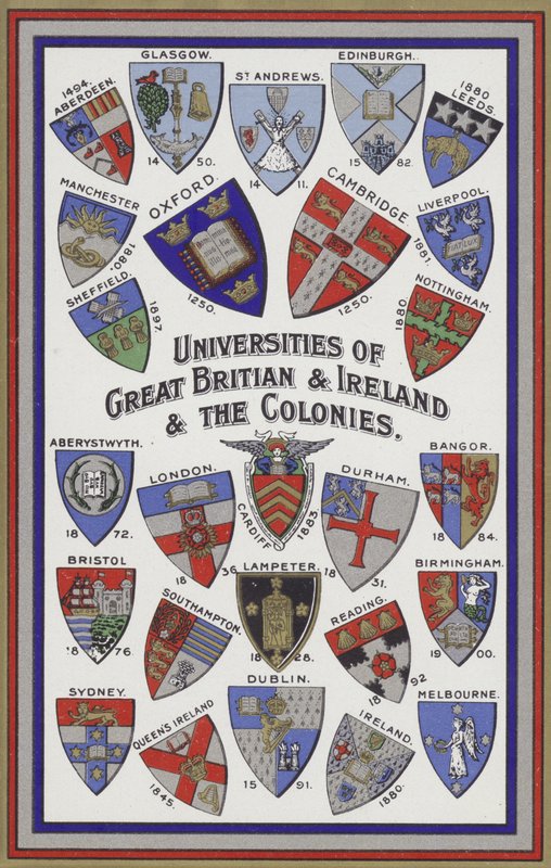 Arms of the Universities of Great Britain, Ireland and the Colonies (farve litho) af English School