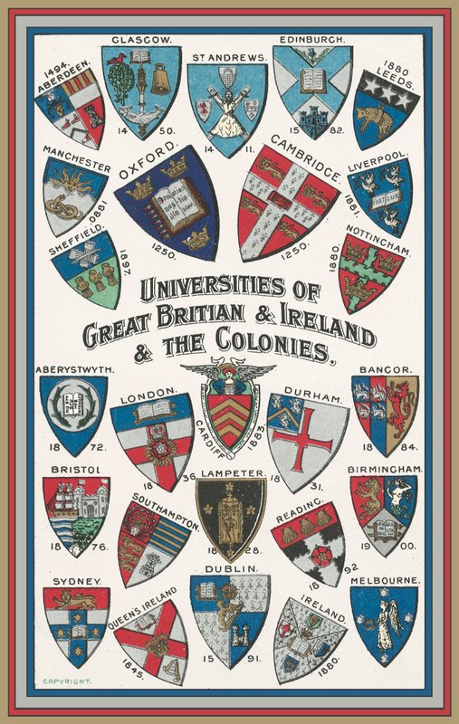 Våben fra universiteter i Storbritannien og Irland og kolonierne (farve litho) af English School