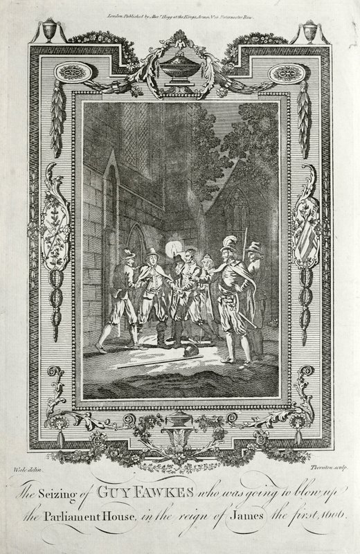 Anholdelse af Guy Fawkes for forsøg på at sprænge parlamentets huse i krudtplanen, 5. november 1605 (gravering) af English School