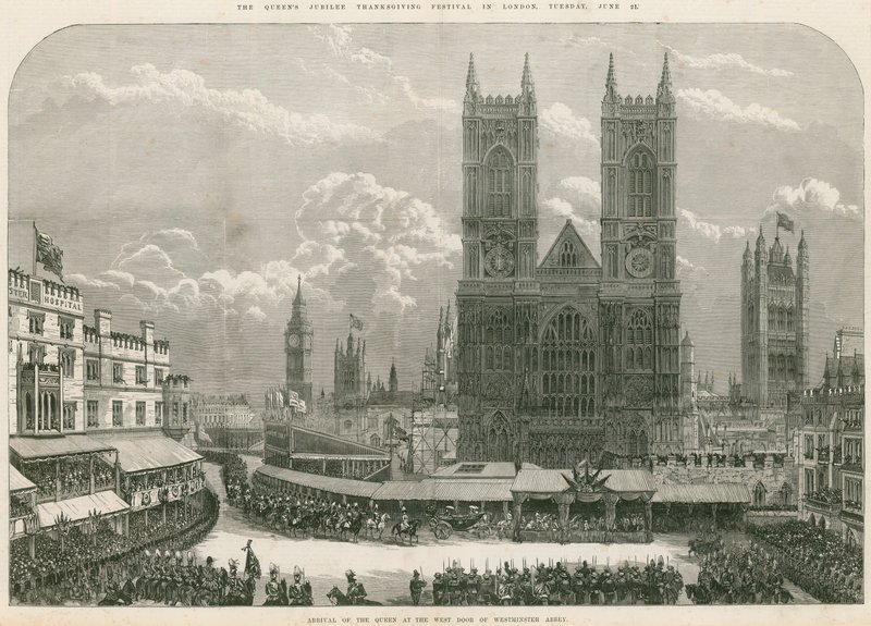 Dronning Victorias ankomst ved vestdøren til Westminster Abbey af English School