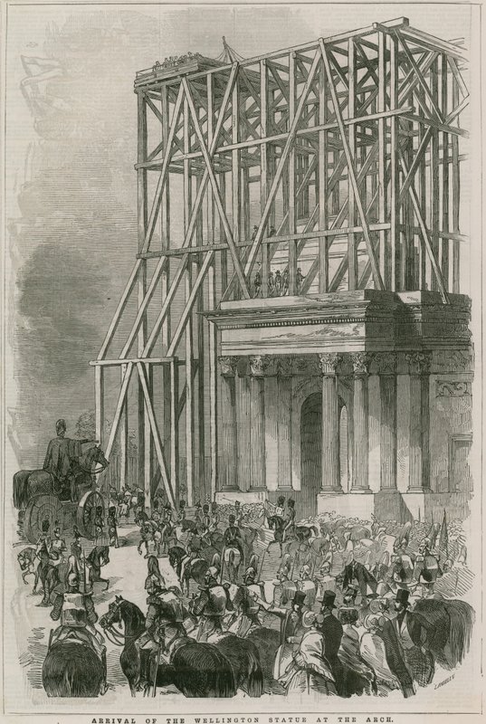 Ankomst af Wellington-statuen ved Arch, Hyde Park Corner, London af English School