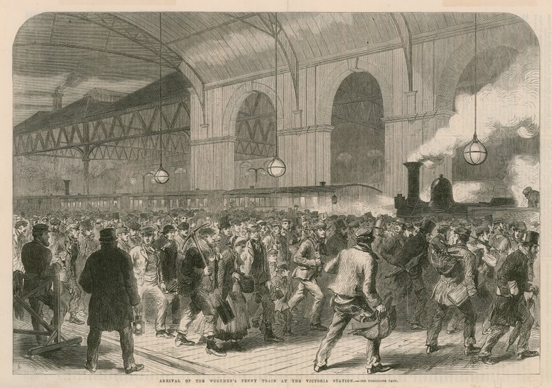 Ankomst af arbejdernes penny-tog til Victoria Station af English School