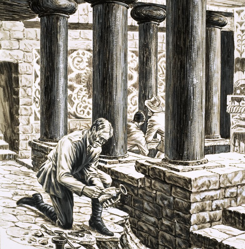 Arthur Evans udforsker resterne af det gamle minoiske palads ved Knossos af English School
