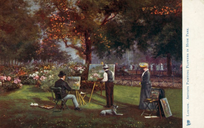 Kunstnere maler blomster i Hyde Park af English School
