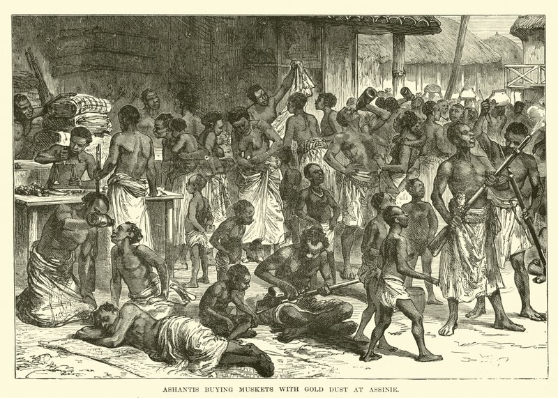 Ashantis buying muskets with gold dust at Assinie  af English School