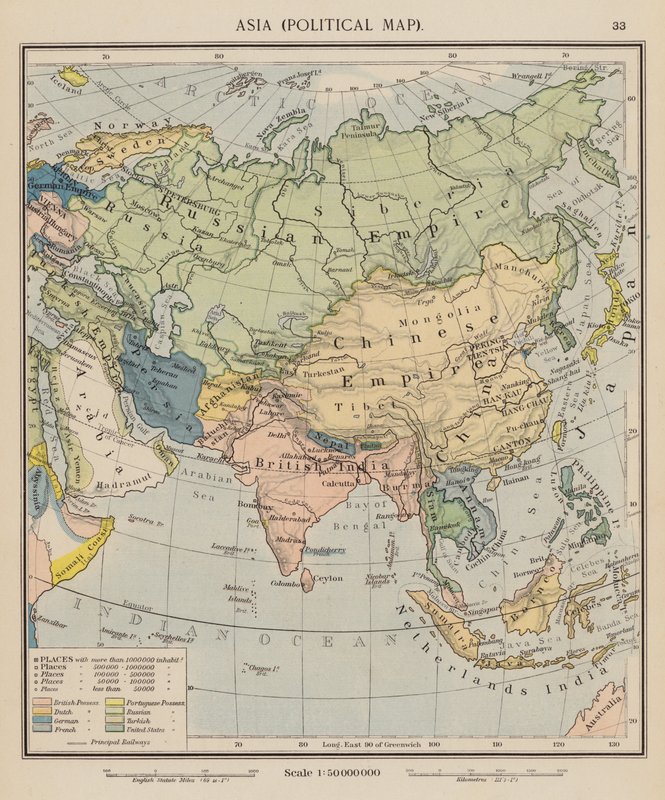 Asien, politisk kort (farvelitografi) af English School