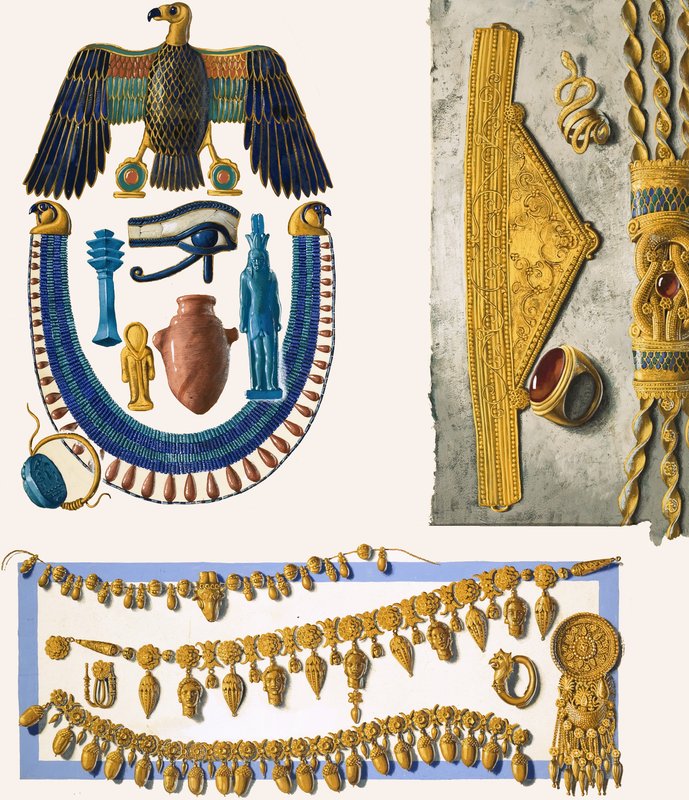 Diverse uidentificerede egyptiske smykker af English School