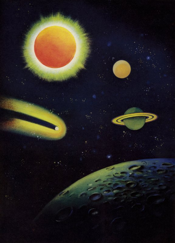 Astronomiske objekter: Solen, der viser sin korona; planeterne Mars og Saturn; Coggias komet; Månens overflade (farve litho) af English School