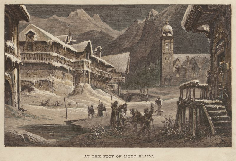 Ved foden af Mont Blanc (farvet gravering) af English School