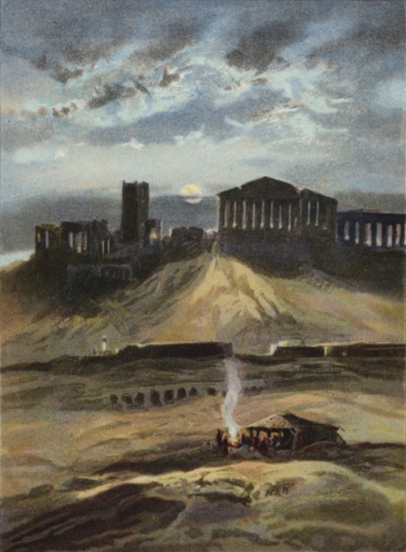 Athen i måneskin (farve litografi) af English School