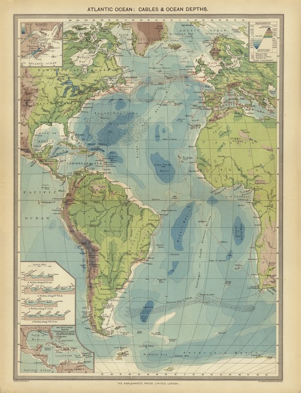Atlanterhavet, kabler og havdybder (farve litho) af English School