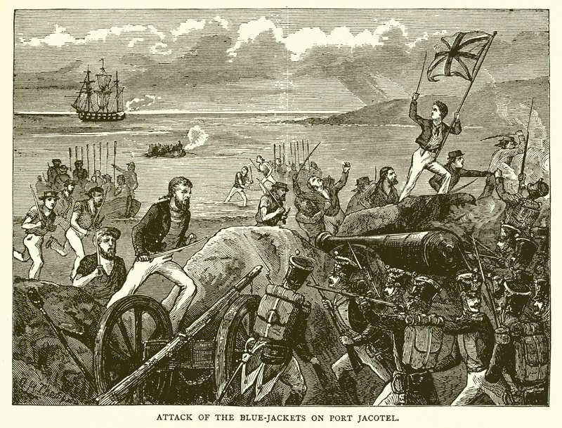 Angreb af de blå jakker på havnen Jacotel af English School