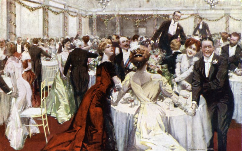 Auld Lang Syne, nytårsaften, The Savoy Hotel (farve litho) af English School