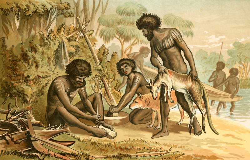 Australske aboriginer forbereder et måltid af English School