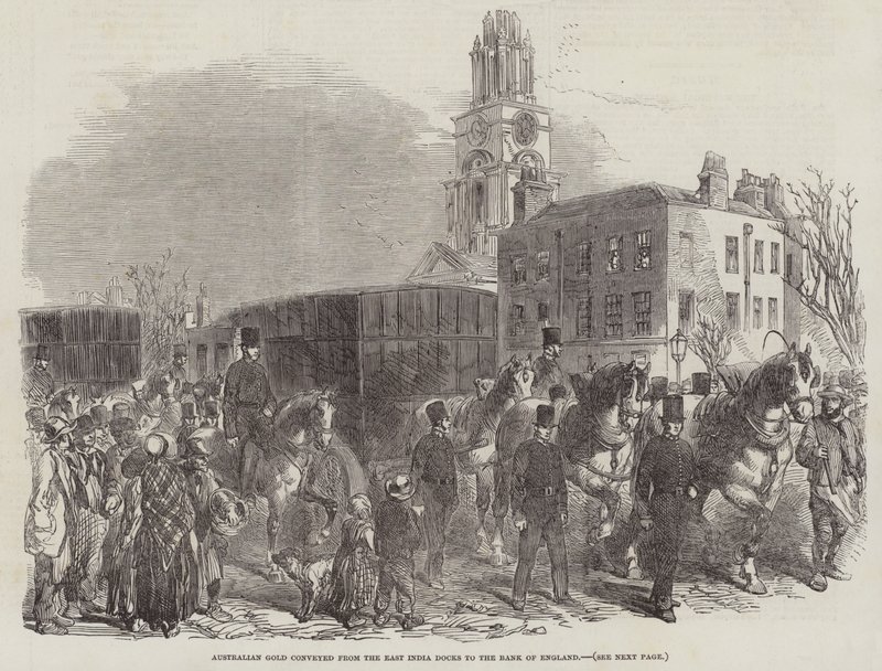 Australsk guld transporteret fra East India Docks til Bank of England (gravering) af English School