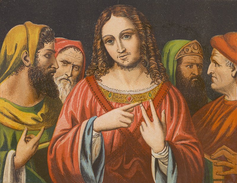Jesu Kristi autoritet drages i tvivl i templet (farvelitografi) af English School
