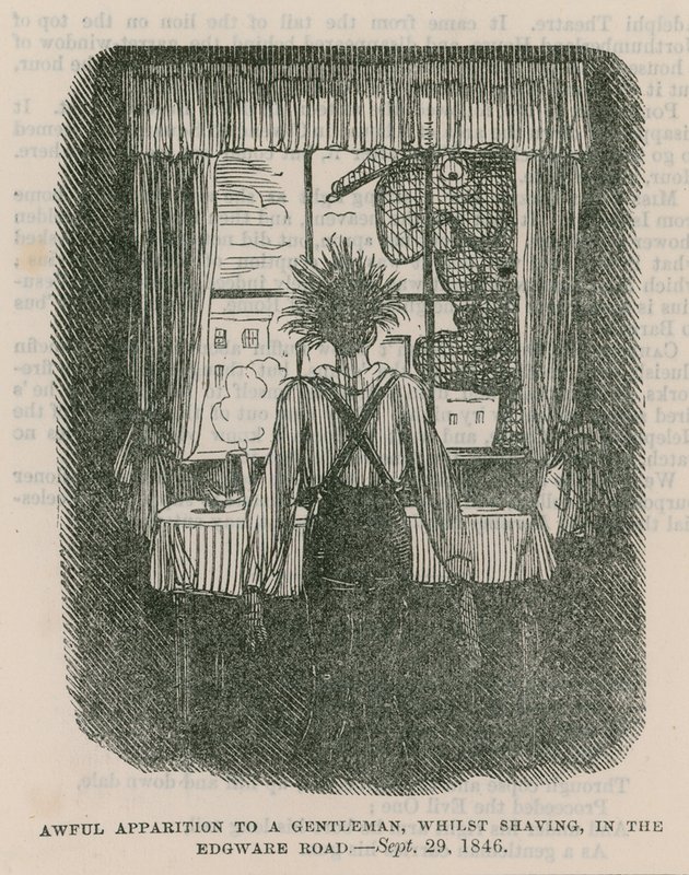 Forfærdelig tilsynekomst for en herre, mens han barberer sig, på Edgware Road, London - 30. september 1846 af English School