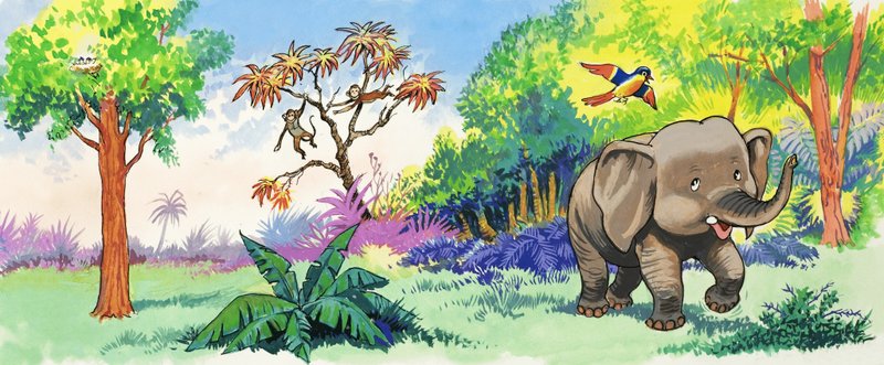 Baby elefant og fugl af English School
