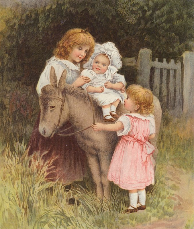 Baby får en ridetur på et æsel (chromolitho) af English School