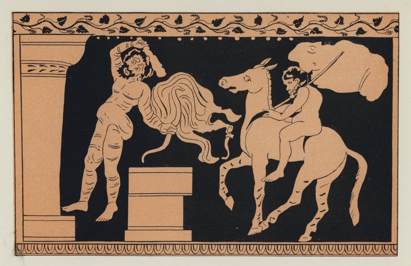 Bacchus og Xanthias (farvelitografi) af English School