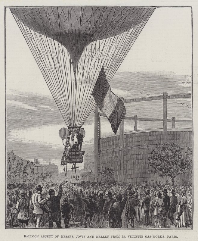 Ballonopstigning af Messers Jovis og Mallet fra La Villette Gas-Works, Paris (gravering) af English School