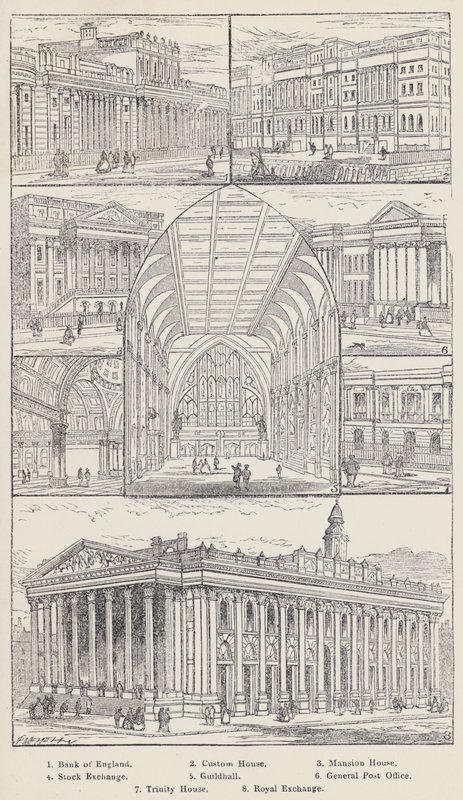 Bank of England, Custom House, Mansion House, Stock Exchange, Guildhall, General Post Office, Trinity House, Royal Exchange (gravering) af English School