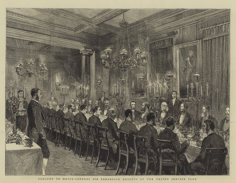 Banket til generalmajor Sir Frederick Roberts i United Service Club, illustration til The Graphic, 4. december 1880, af English School