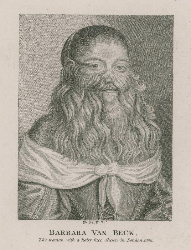 Barbara Van Beck, kvinden med et behåret ansigt, vist i London, 1668 af English School