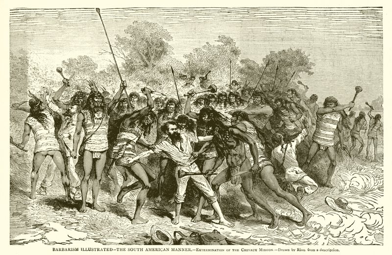 Barbarisme illustreret - Den sydamerikanske måde. - Udryddelse af Crevaux-missionen af English School