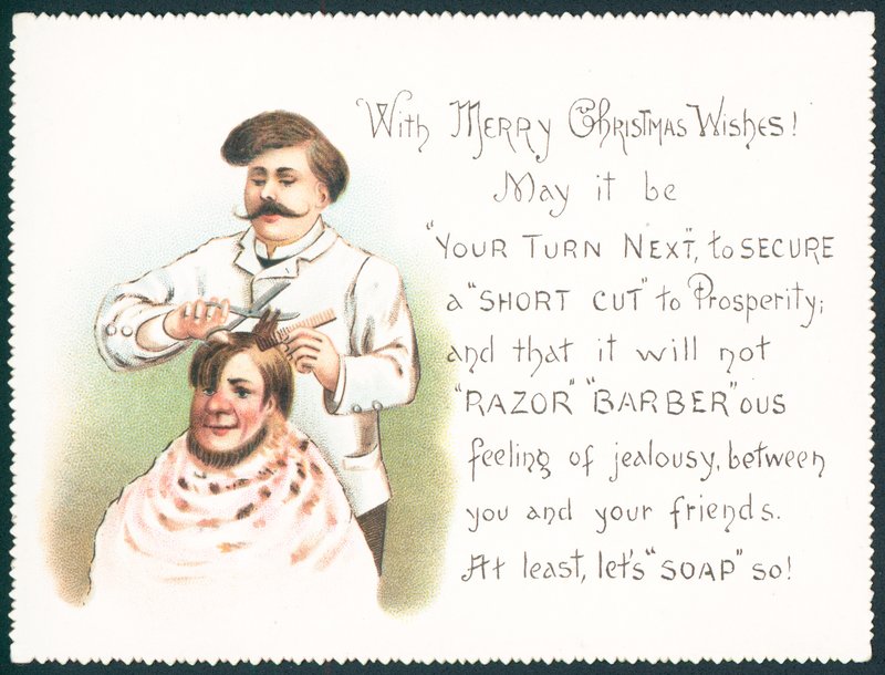 Barber klipning hår, julekort af English School
