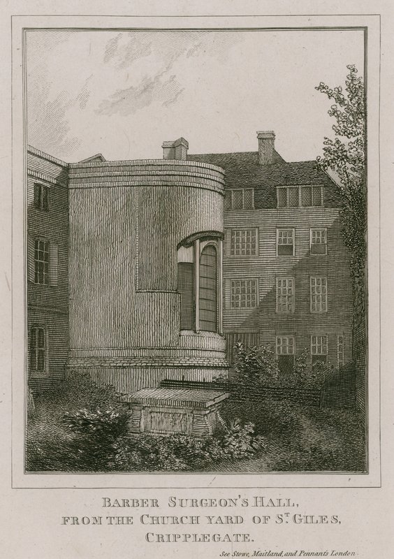 Barber Surgeons Hall, Monkwell Street, London, set fra kirkegården St Giles, Cripplegate af English School