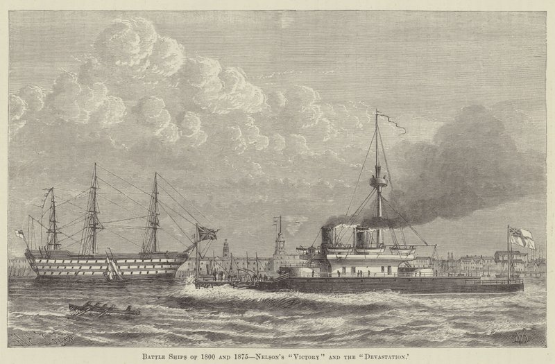 Slagskibe fra 1800 og 1875, Nelsons "Victory" og "Devastation" (gravering) af English School