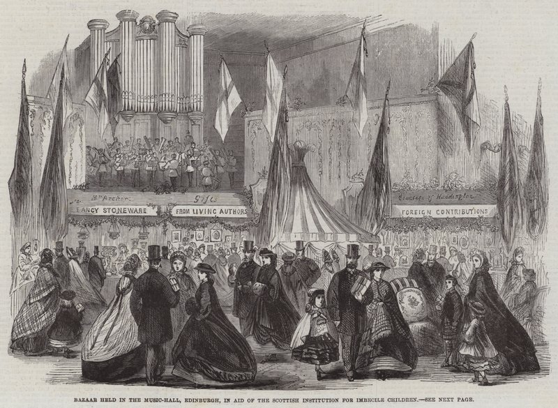 Bazaar afholdt i Music-Hall, Edinburgh, til støtte for den skotske institution for imbecile børn (gravering) af English School