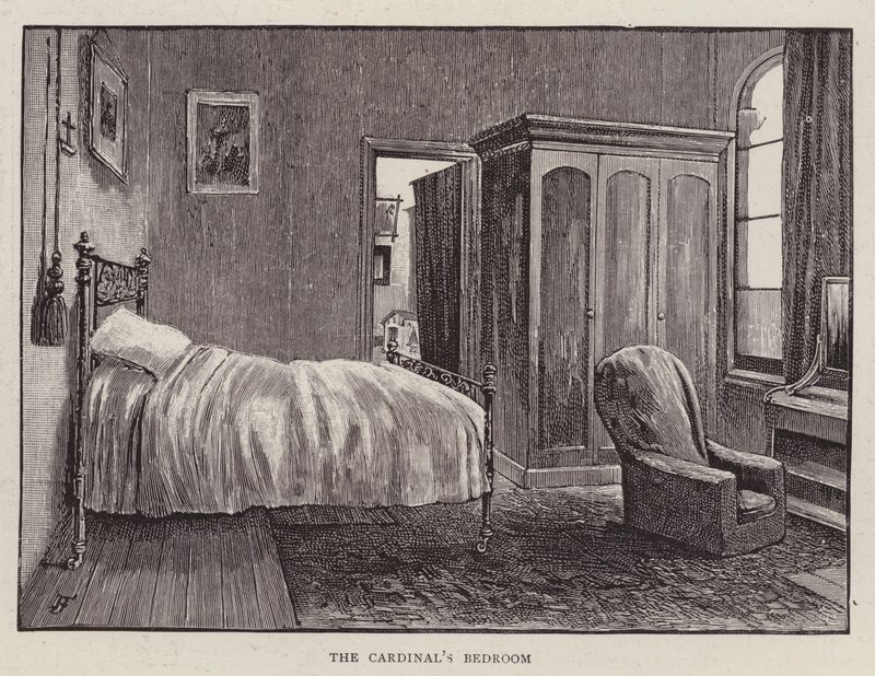 Soveværelse af Henry Edward Manning, engelsk katolsk kardinal og ærkebiskop af Westminster (litho) af English School