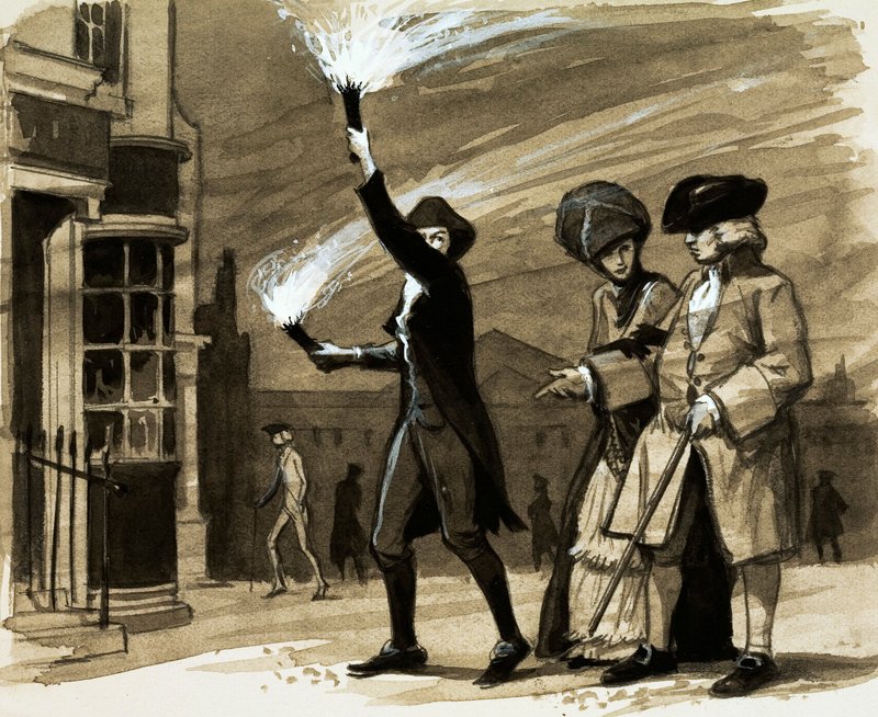 Før gadelyset ansatte de rige folk til at holde fakler for at tænde deres aftenture (gouache på papir) af English School